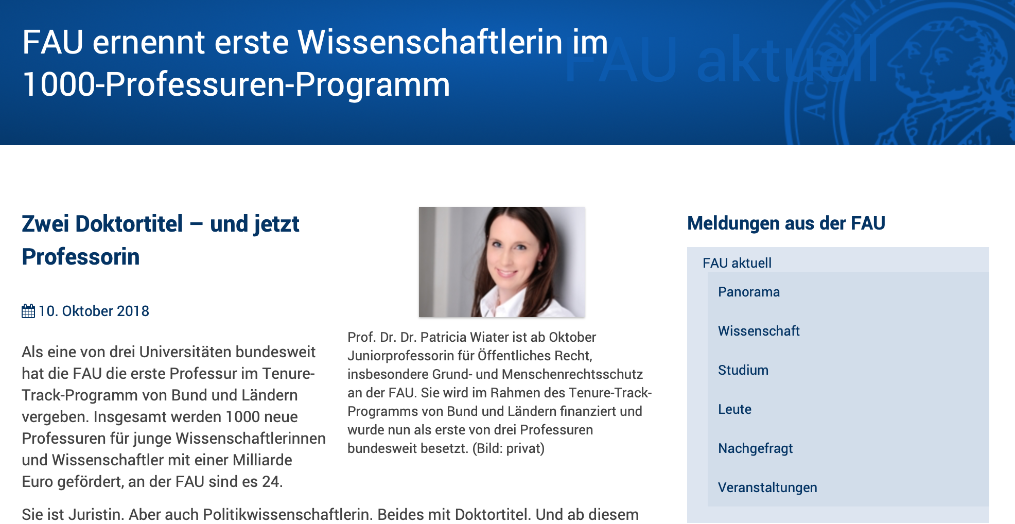 Zum Artikel "Die FAU ernennt erste Wissenschaftlerin im 1000-Professuren-Programm"